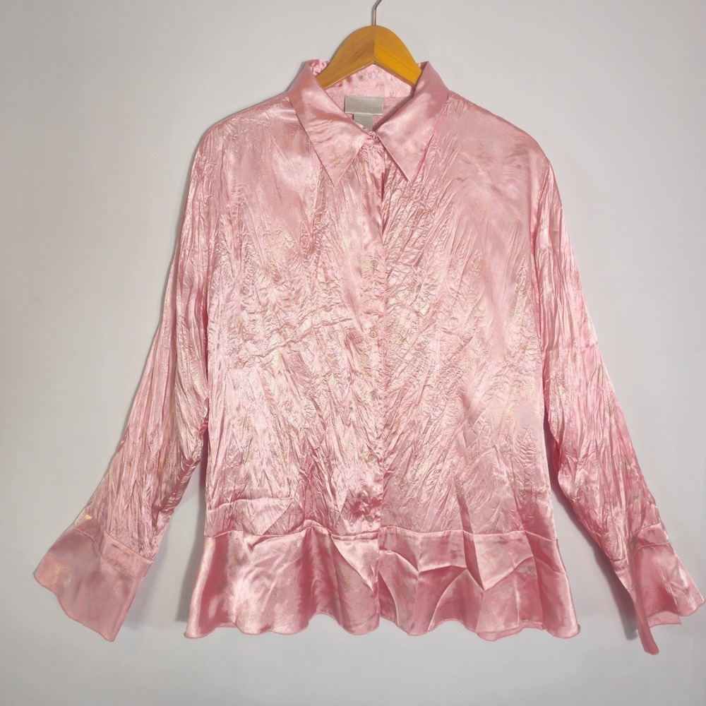 Worthington Women's 1X Pink Satin Shirt Ruffle Hem Coquette Romantic Vintage